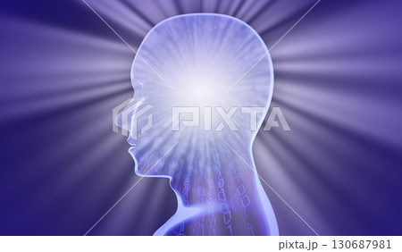 Geometrical man face with binary code and rays of light - 3D illustration 130687981