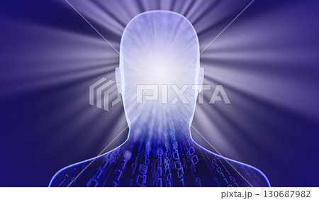 Geometrical man face with binary code and rays of light - 3D illustration Geometrical man face with binary code and rays of light - 3D illustration 130687982