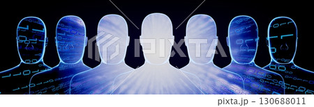 Geometrical men faces with binary code - 3D illustration 130688011