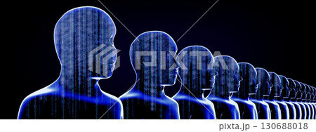 Geometrical men faces with binary code - 3D illustration Geometrical men faces with binary code - 3D illustration 130688018