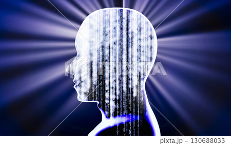 Geometrical man face with binary code and rays of light - 3D illustration 130688033