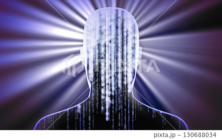 Geometrical man face with binary code and rays of light - 3D illustration Geometrical man face with binary code and rays of light - 3D illustration 130688034