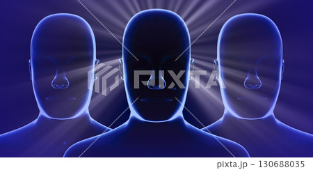 Geometrical men faces and rays of light - 3D illustration Geometrical men faces and rays of light - 3D illustration 130688035