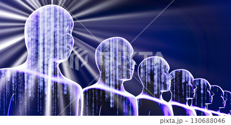 Geometrical men faces with binary code and rays of light - 3D illustration Geometrical men faces with binary code and rays of light - 3D illustration 130688046
