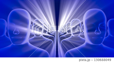 Geometrical men faces  and rays of light - 3D illustration 130688049
