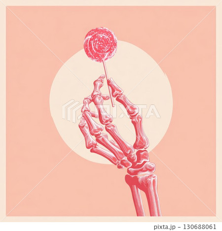 Stylized skeleton hand gracefully holding a pink lollipop on a soft peach background. Playful contrast of death and sweetness in a minimalist style. Halloween background 130688061