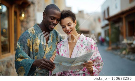 日本の古い町並みで地図を広げる着物姿の外国人カップル 130688289