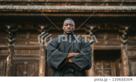 寺の門の前で腕を組む侍姿の黒人男性 130688304