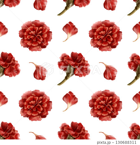 Seamless pattern of red carnation flower,stems,leaves,petals as a symbol of mothers day,love,passion,valentine's day confessions.Watercolor hand-drawn illustration on white in vintage style 130688311