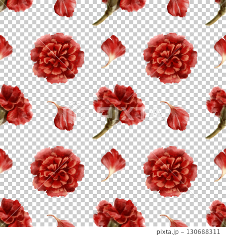 Seamless pattern of red carnation flower,stems,leaves,petals as a symbol of mothers day,love,passion,valentine's day confessions.Watercolor hand-drawn illustration on white in vintage style 130688311