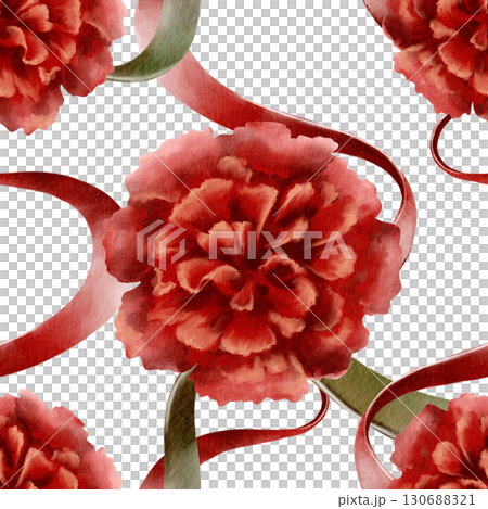 Portuguese revolution of carnations symbols red flower with ribbons colored national flag symbolizing freedom,peaceful change in the nation's life,and democracy.Watercolor hand drawn seamless pattern 130688321
