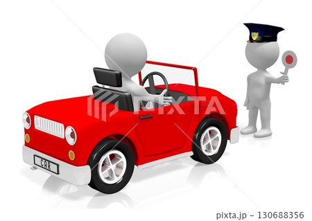Traffic control - policeman stops the driver - 3D illustration Traffic control - policeman stops the driver - 3D illustration 130688356