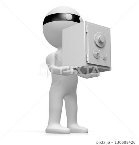 Burglar cartoon character carries a vault - 3D illustration Burglar cartoon character carries a vault - 3D illustration 130688426
