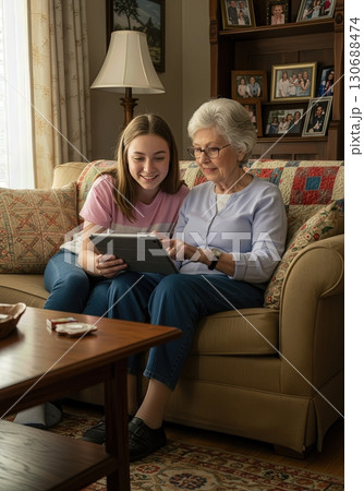 Teenage Grandchild Patiently Teaching its Grandparent How to Use a Tablet on a Cozy Sofa Teenage Grandchild Patiently Teaching its Grandparent How to Use a Tablet on a Cozy Sofa 130688474