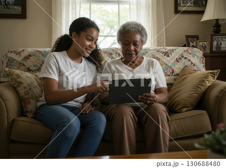 Teenage Grandchild Patiently Teaching its Grandparent How to Use a Tablet on a Cozy Sofa 130688480
