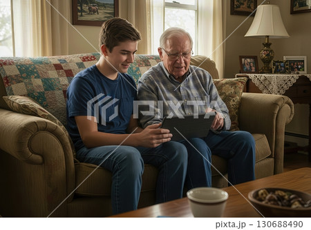 Teenage Grandchild Patiently Teaching its Grandparent How to Use a Tablet on a Cozy Sofa 130688490