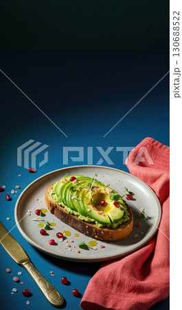 Vibrant and Dramatic Avocado Toast with Microgreens on a Jewel Toned Background for Social Media 130688522