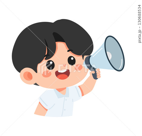 Cartoon Boy Character Speaking into Megaphone Cartoon Boy Character Speaking into Megaphone 130688534