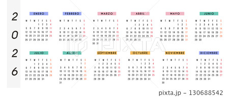2026 yearly calendar in Spanish language, horizontal design with modern colorful month headers. Printable wall or desk planner for home, office, school, productivity, and personal organization. Vector 130688542