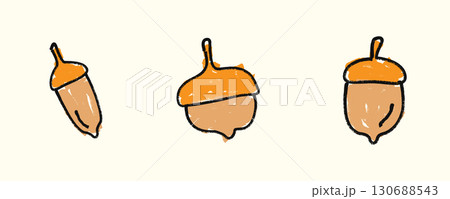 Whimsical hand drawn acorn in doodle sketch style with marker texture. Autumn harvest, oak nut, rustic forest element, seasonal decoration. Flat vector illustration isolated on background. 130688543