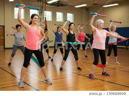 Energetic and Inclusive Fitness Class with Diverse Ages from Teens to Seniors Exercising Together Energetic and Inclusive Fitness Class with Diverse Ages from Teens to Seniors Exercising Together 130688609