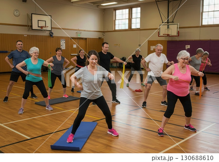 Energetic and Inclusive Fitness Class with Diverse Ages from Teens to Seniors Exercising Together 130688610