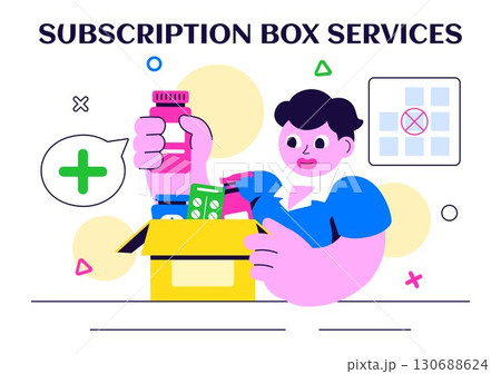 Subscription Box Services Vector Illustration featuring Product Delivery to Customers at Regular Costs as Part of a Marketing Strategy in a Background Subscription Box Services Vector Illustration featuring Product Delivery to Customers at Regular Costs as Part of a Marketing Strategy in a Background 130688624