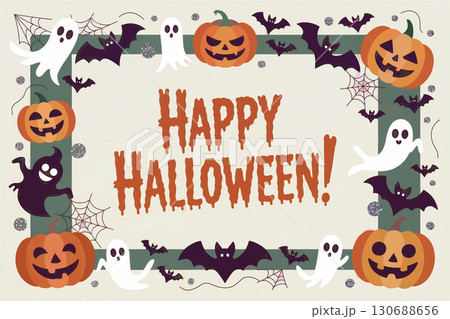 かわいい幽霊、カボチャ、コウモリが描かれたハッピーハロウィン・グリーティングカード – 生成AI 130688656
