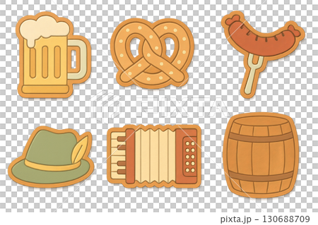 Octoberfest icons set featuring beer, pretzel, sausage, hat, accordion, barrel. Isolated on transparent background 130688709
