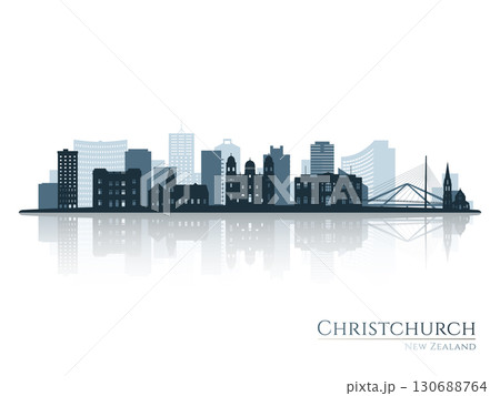 Christchurch skyline silhouette with reflection.  130688764