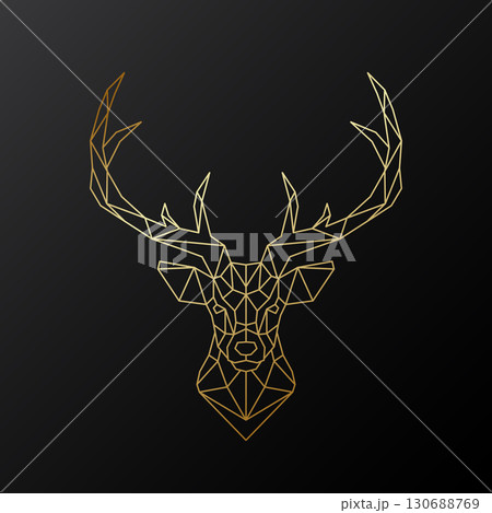 Geometric deer head in golden lines on black 130688769