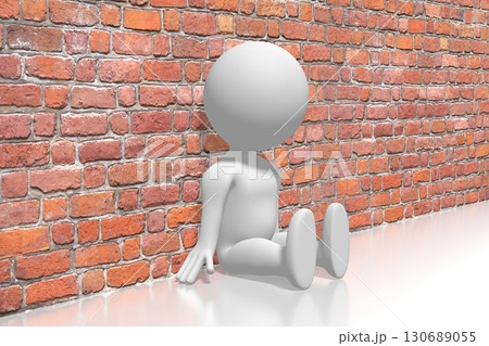 Sad cartoon character sitting beside a wall - depression concept - 3D illustration Sad cartoon character sitting beside a wall - depression concept - 3D illustration 130689055