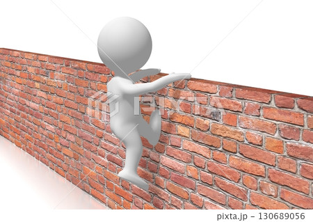 Cartoon character jumps over a wall - conquering adversity concept - 3D illustration 130689056