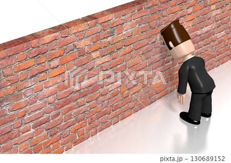 Cartoon character banging head against the wall - frustration concept - 3D illustration Cartoon character banging head against the wall - frustration concept - 3D illustration 130689152