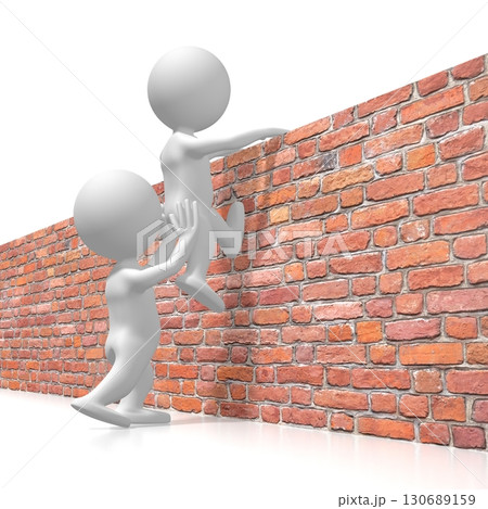 One cartoon character helps another getting over the wall - 3D illustration 130689159
