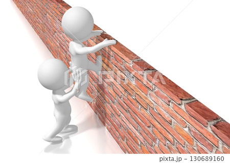One cartoon character helps another getting over the wall - 3D illustration 130689160
