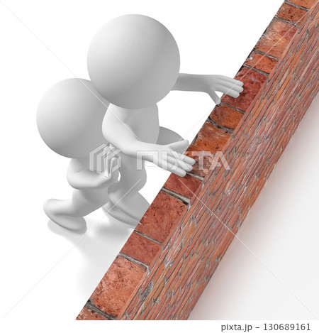 One cartoon character helps another getting over the wall - 3D illustration One cartoon character helps another getting over the wall - 3D illustration 130689161