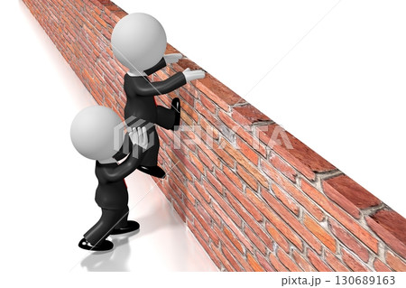 One cartoon character helps another getting over the wall - 3D illustration One cartoon character helps another getting over the wall - 3D illustration 130689163