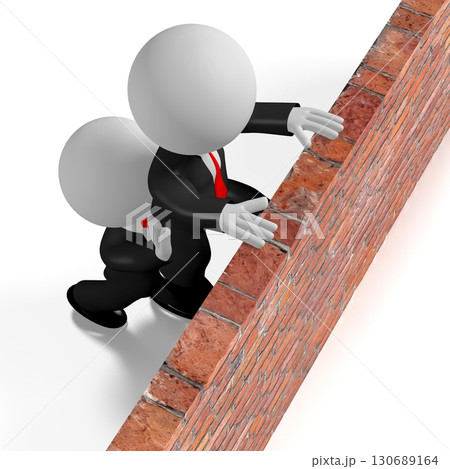 One cartoon character helps another getting over the wall - 3D illustration One cartoon character helps another getting over the wall - 3D illustration 130689164