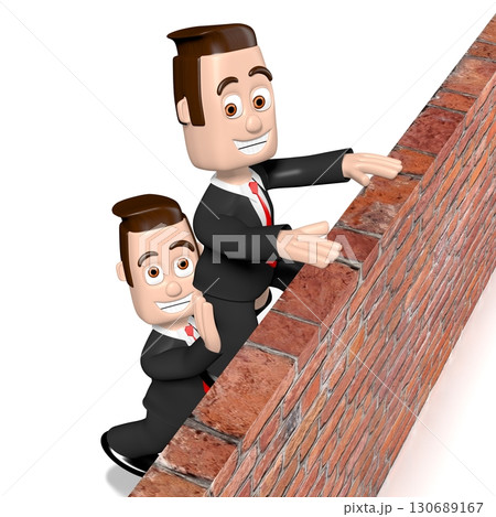 One cartoon character helps another getting over the wall - 3D illustration 130689167