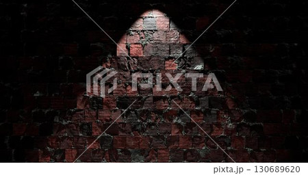 3d rendering. Brick wall illuminated by neon pink light from spotlights. Abstract background Light effect on a serving surface. 130689620