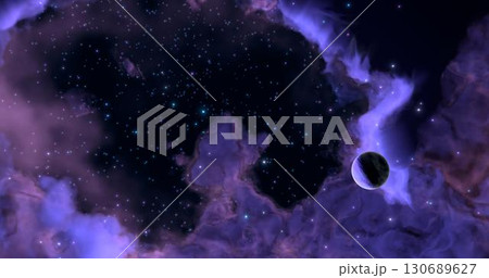 3D rendering. A huge glowing nebula with young stars and a lonely planet. Space background. 130689627