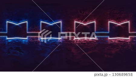 3d rendering. 360 degree spherical seamless vr panorama. Abstract empty dark interior with neon lighting, HDRI environment map of exhibition gallery with glossy walls. 130689658