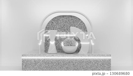 3d rendering. Abstract geometric shapes in marble or stone in a bright room and neon lighting. Indoor decoration 3d rendering. Abstract geometric shapes in marble or stone in a bright room and neon lighting. Indoor decoration 130689680