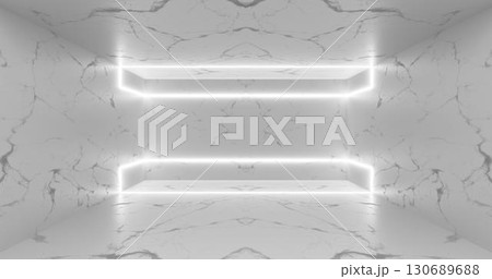 3d rendering. Neon rectangle or square, white in a bright room from mrmor. Glossy shading on the walls. 130689688
