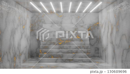 3D rendering. Abstract room interior with staircase and white neon lights. Futuristic architecture background. A box with a concrete wall. Mockup for your design project. 3D rendering. Abstract room interior with staircase and white neon lights. Futuristic architecture background. A box with a concrete wall. Mockup for your design project. 130689696