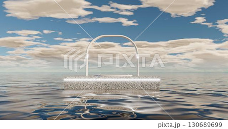3d rendering. A circular arch on a marble stone pavement, illuminated by bright neon light, is located on the water surface of the ocean in a daytime sky with clouds. 130689699