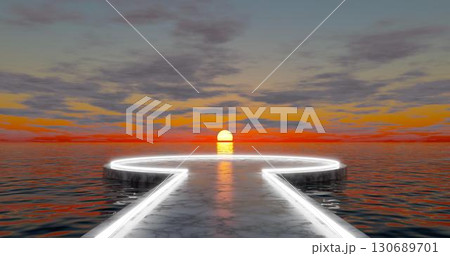 3d rendering. A round square with an alley of marble stone, illuminated with bright neon light, located on the water surface of the ocean at sunset with clouds. 130689701