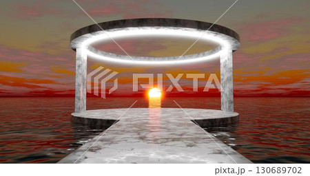 3d rendering. A round square with an alley of marble stone, illuminated with bright neon light, located on the water surface of the ocean at sunset with clouds. 130689702