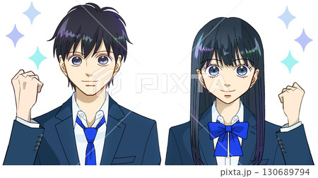 笑顔でガッツポーズをする高校生または中学生の男女のアニメ風イラスト、白バック 130689794